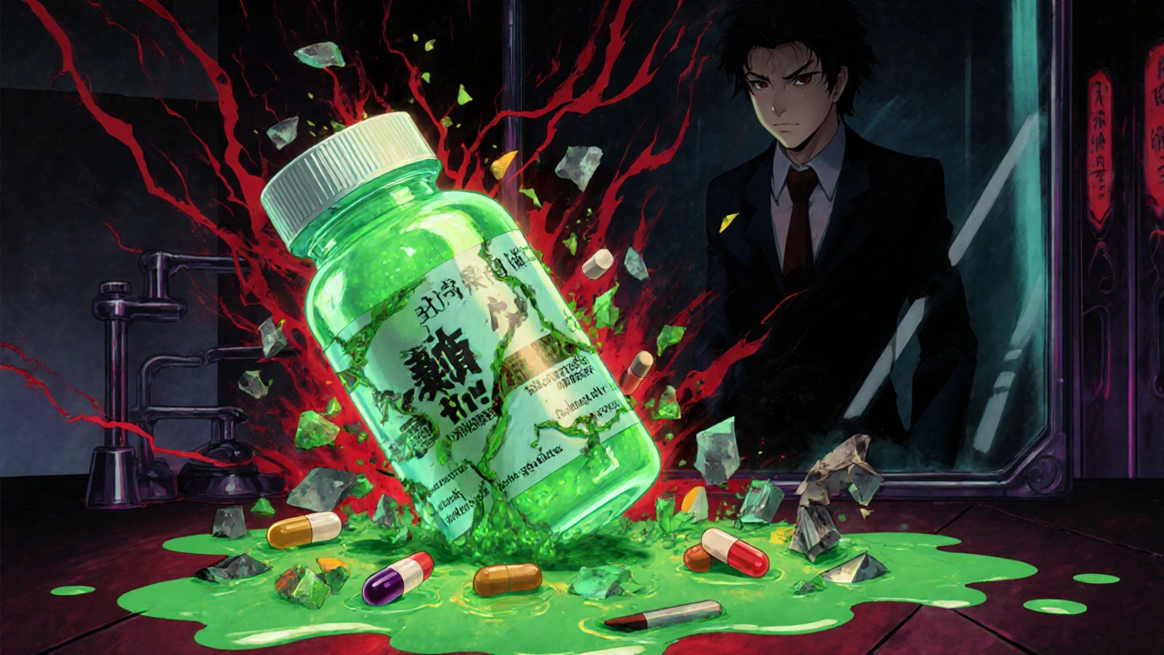 A cracked Hoodia supplement bottle leaking fake ingredients in a dark lab.