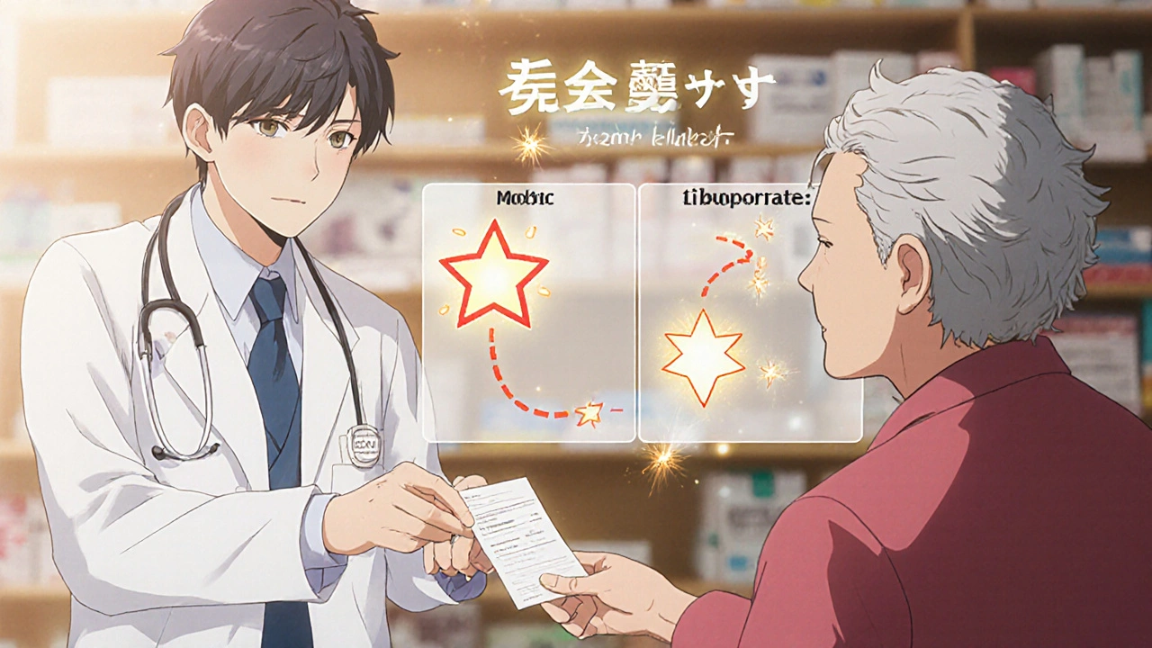 A doctor giving a prescription to an elderly patient, with stylized medication icons glowing in the background.