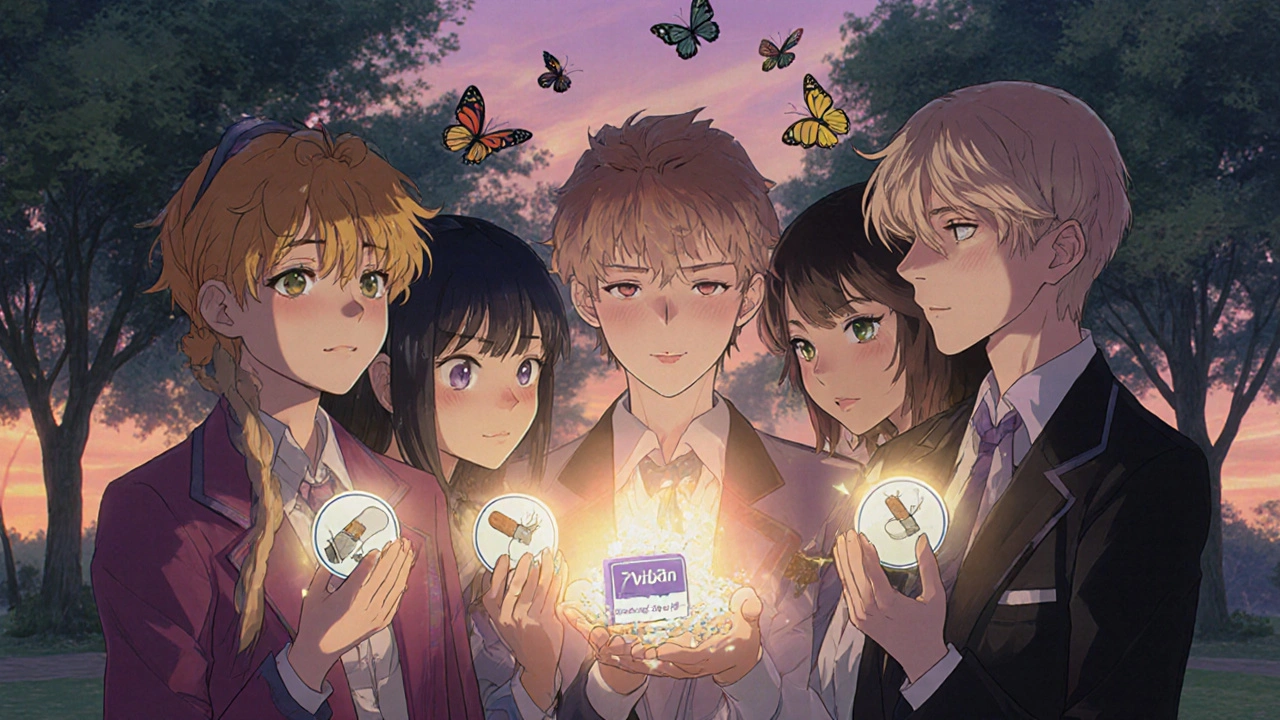 A group stands in a park as cigarette tokens turn to butterflies, with one holding a Zyban pill radiating a calming aura.
