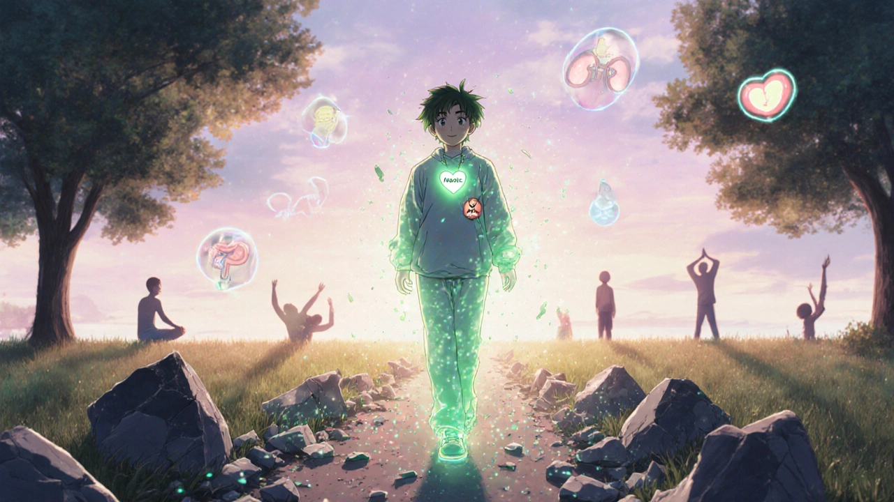 A person walking happily through a park as joint damage dissolves into glitter, with a glowing Mobic pendant.