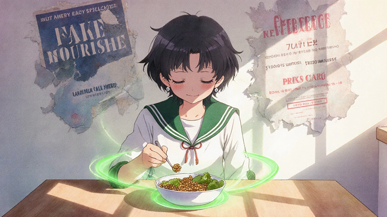 Person eating healthy food with glowing energy, fading fake ads in the background.