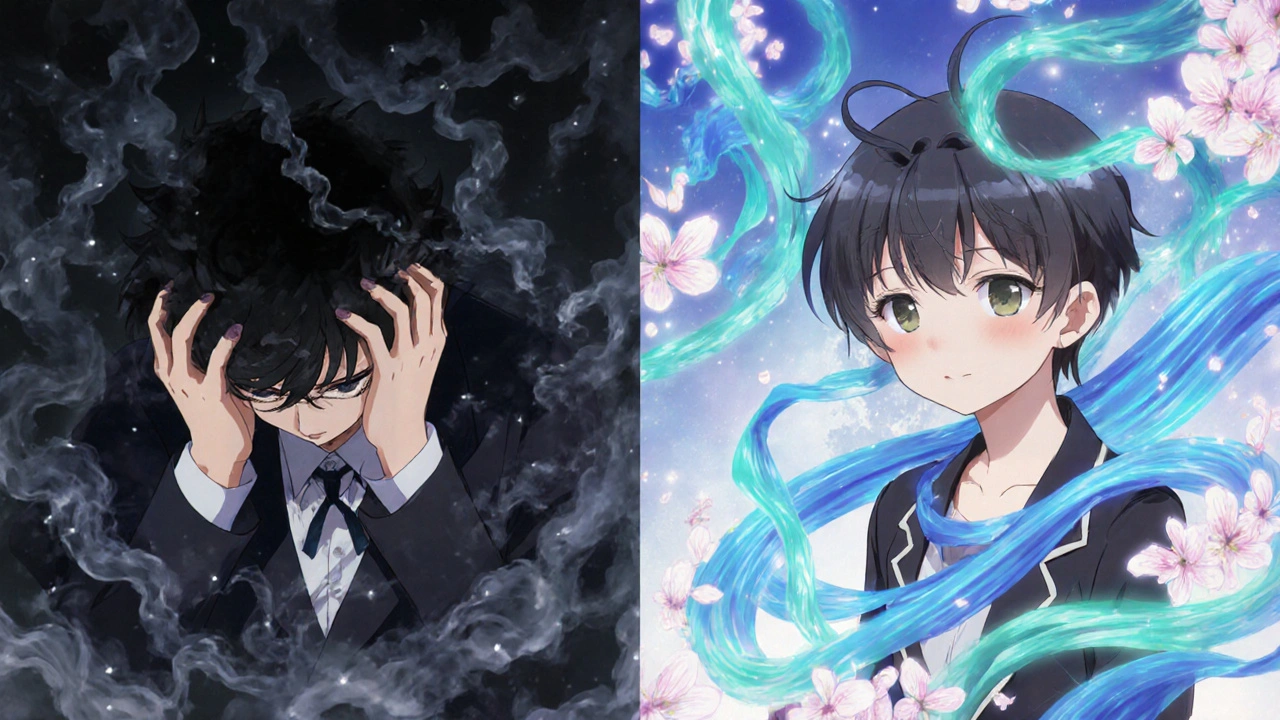 Split scene: one side shows distress from smoking cravings, the other shows peace as neural energy flows gently around the person.