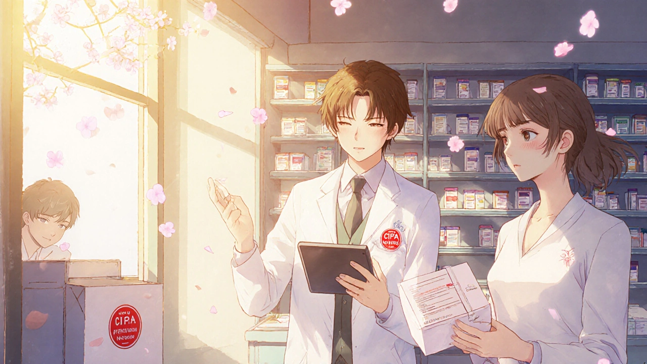 A friendly pharmacist at a licensed online pharmacy handing a patient a safe medication package.