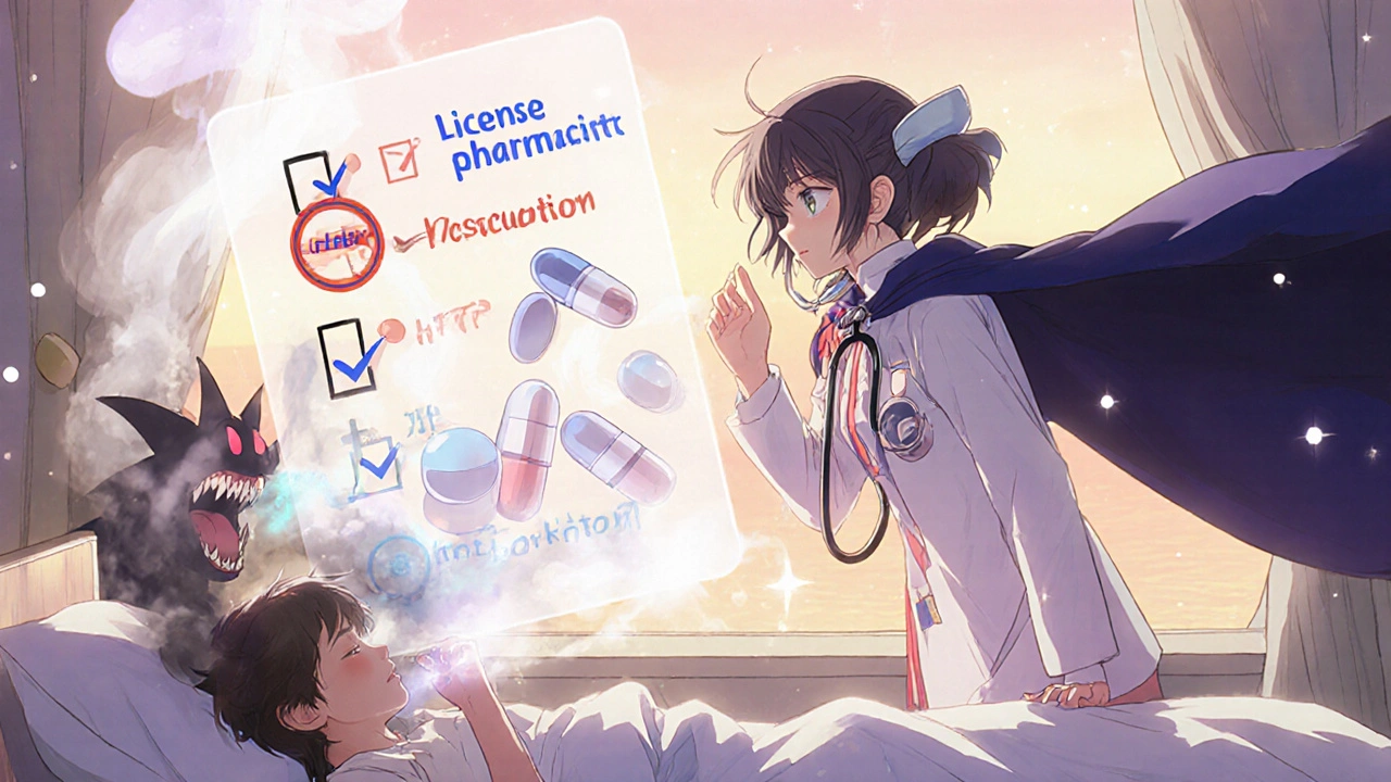 A medical superhero making counterfeit pills vanish while a patient safely takes real medicine.