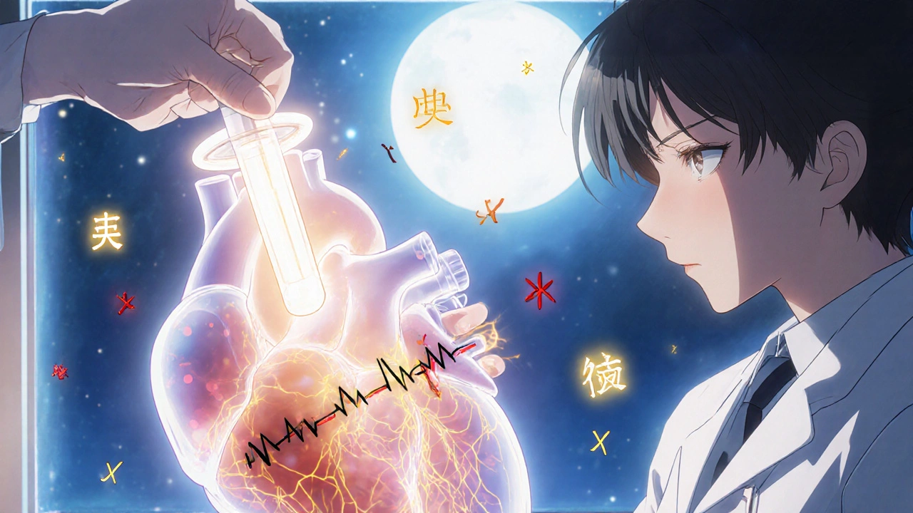 A magical catheter burns away chaotic heart rhythms in a glowing heart, with moonlight and symbols of freedom in the background.