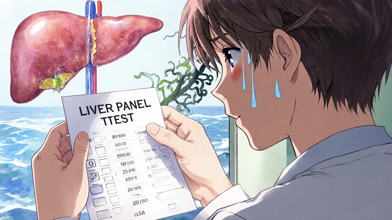 A patient and doctor reviewing liver test results, with a split vision of healthy vs. damaged liver in soft anime style.