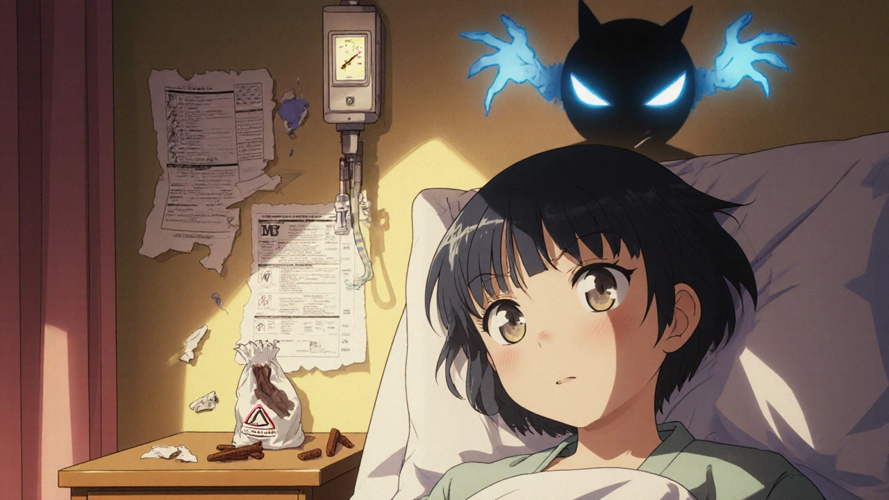 A patient in a hospital bed with a falling potassium meter, while a shadowy licorice root reaches from a candy bag on the nightstand.