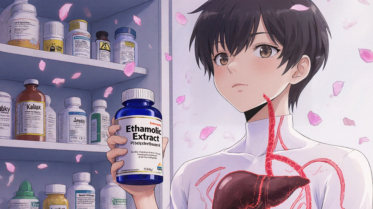 A person beside medicine bottles, with a translucent cracked liver glowing red from dangerous kava interactions.