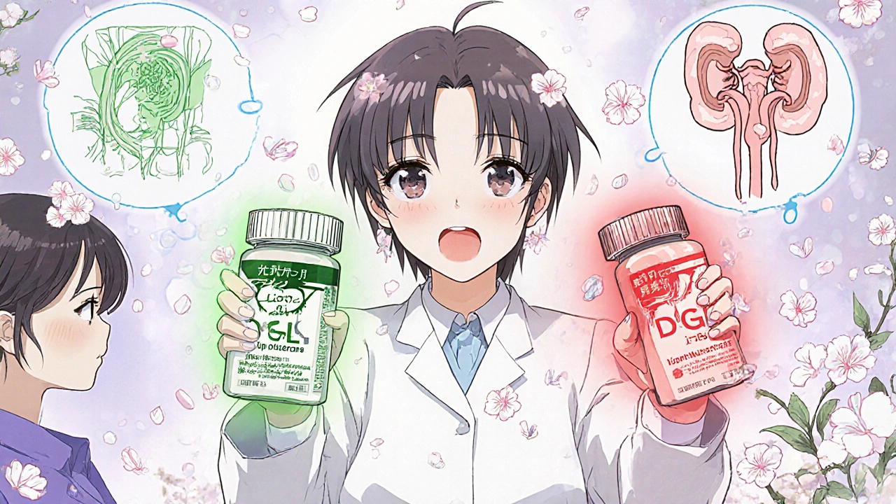 A pharmacist compares two herbal supplements—one glowing green as safe, the other radiating red danger—with floating kidney diagrams.