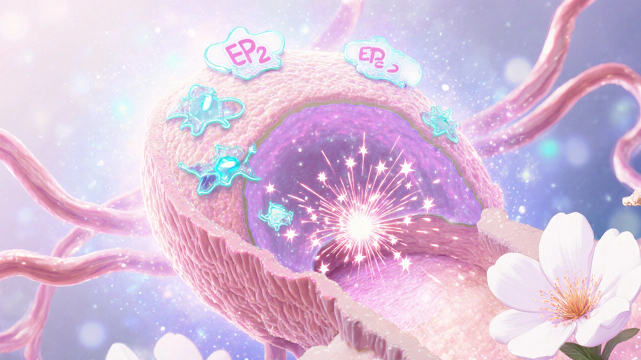 Anime cell scene showing misoprostol binding to EP2 and EP3 receptors, causing calcium sparks and uterine contraction.