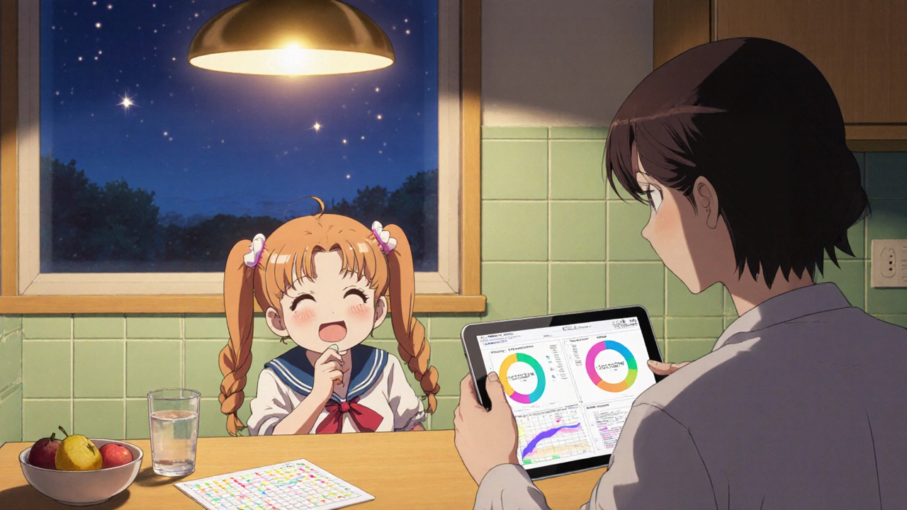 Anime family kitchen scene of child taking a sevelamer tablet while parents check lab charts.
