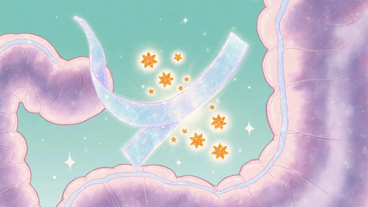 Anime illustration of polymer ribbons binding glowing phosphate particles in the gut.