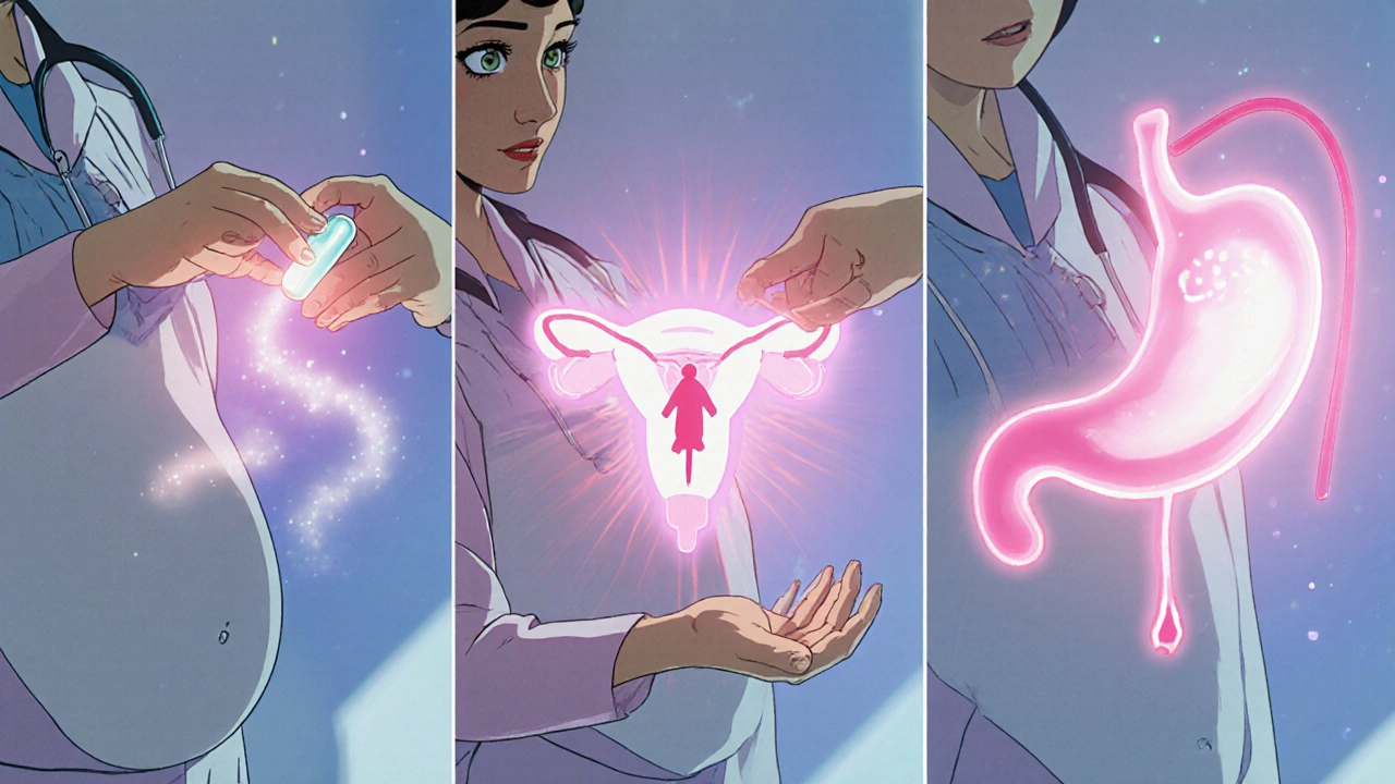 Anime medical scene with a practitioner handing misoprostol tablets, depicting labor induction, abortion, and ulcer protection.