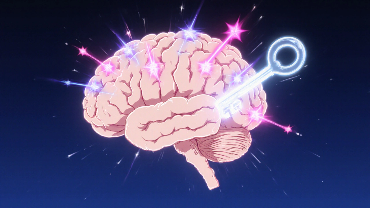 Brain with glowing reward pathways blocked by a key-shaped Naltrexone molecule.