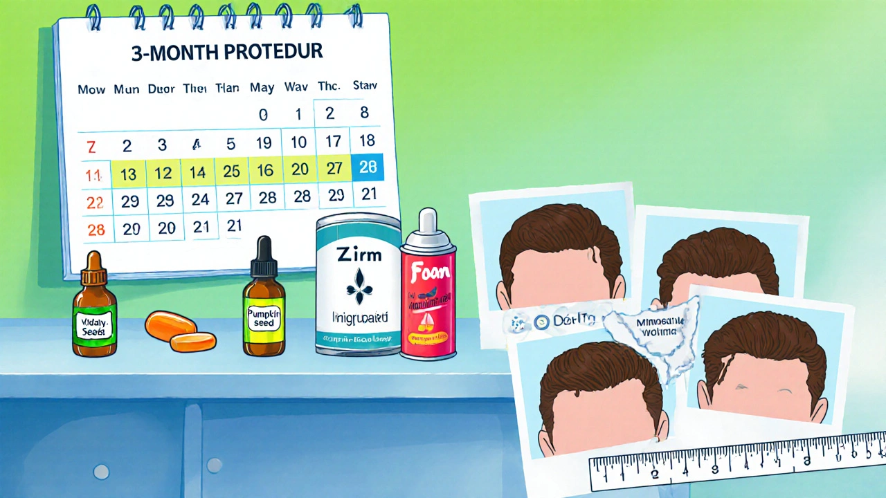 Calendar and supplement icons illustrate a 3‑month hair‑growth routine with progress photos.