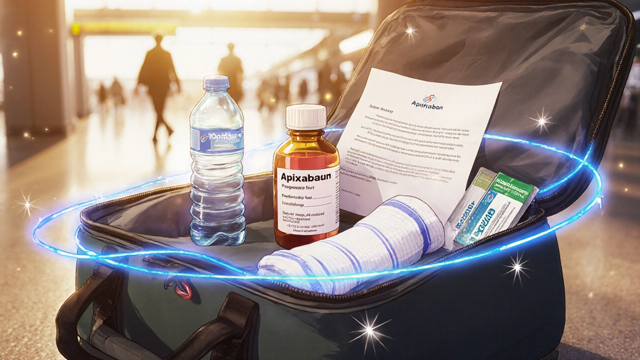 Carry-on bag with apixaban bottle, doctor's note, and travel essentials