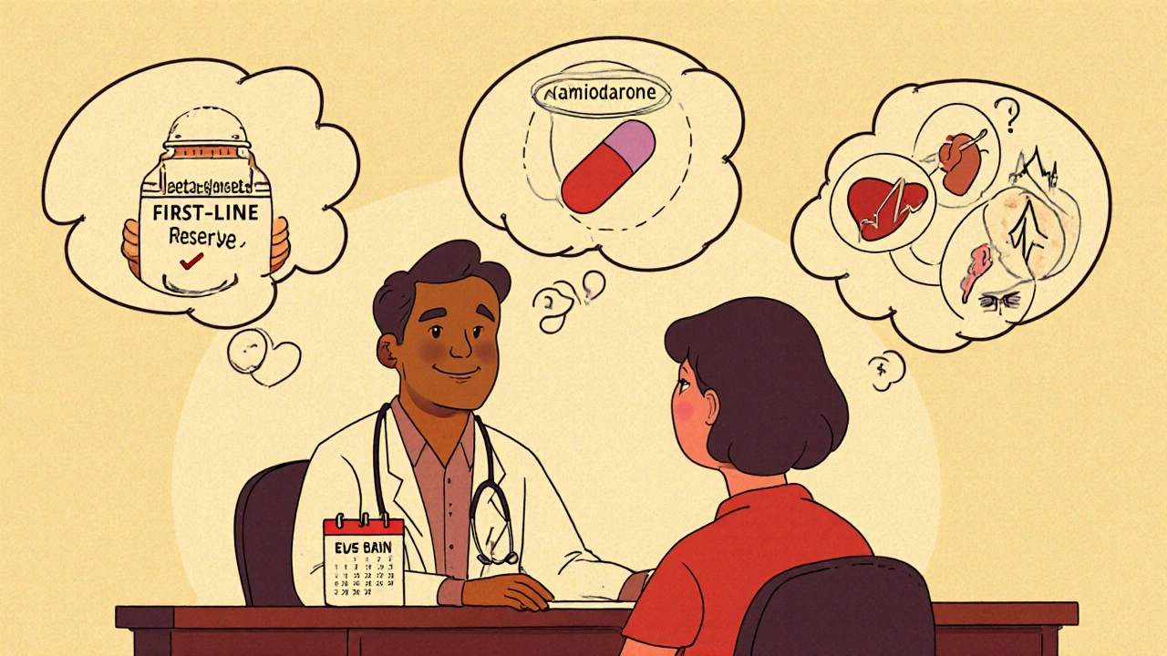 Clinician and patient discuss beta‑blocker first, amiodarone reserve, side effects.