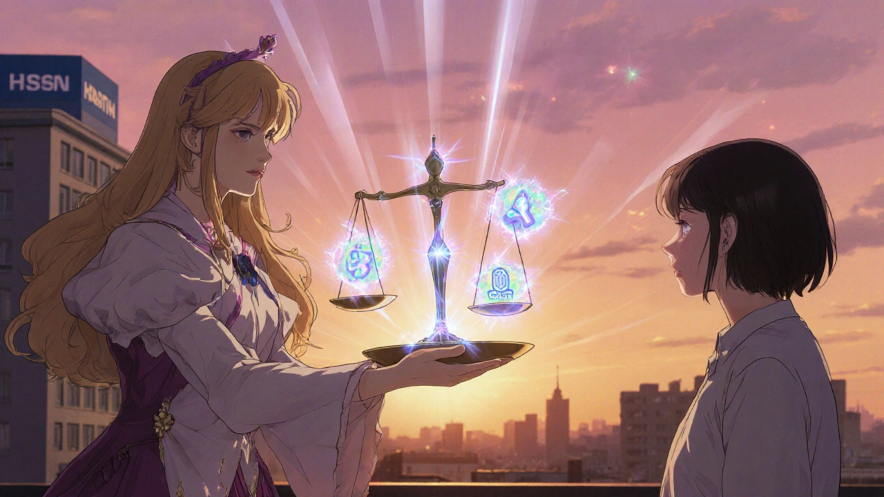 Clinician hands patient a glowing scale on a sunset rooftop, balancing treatment factors.