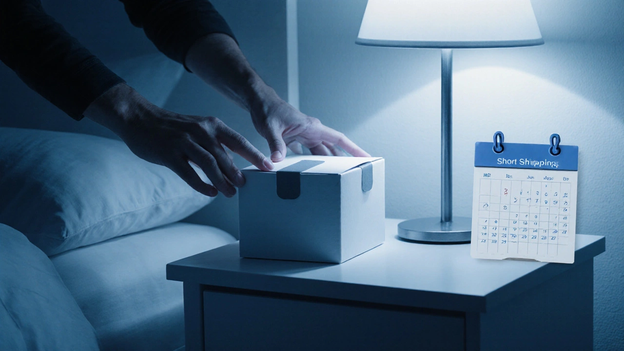 Discrete white box placed on a nightstand, indicating private delivery.
