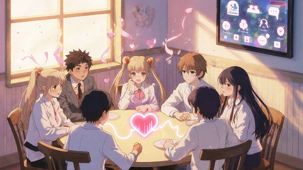 Diverse characters share a warm café gathering with heart monitor motifs in the background.
