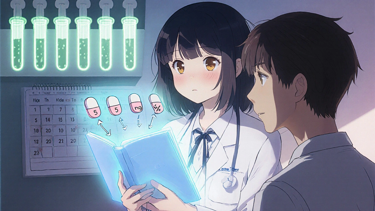 Doctor and patient reviewing a glowing dosage plan with pill icons and lab symbols.