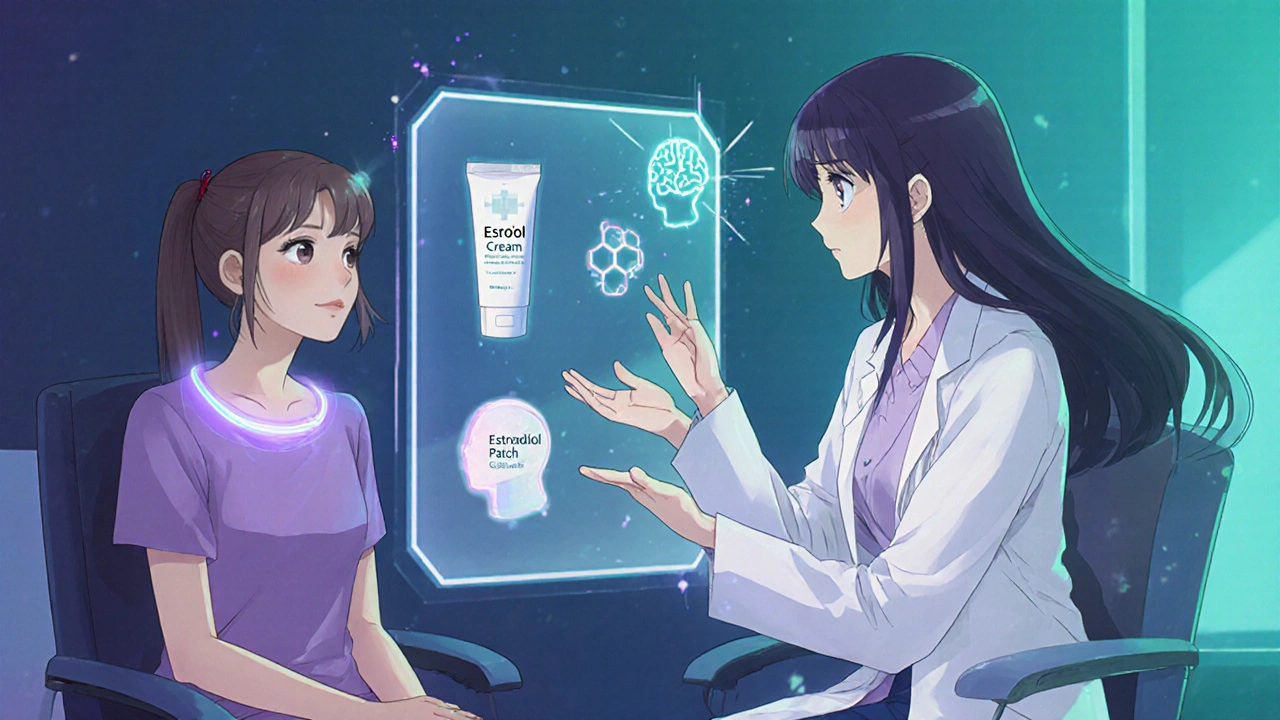 Doctor shows holographic estrogen options to patient, highlighting patches, creams, and future SERM.