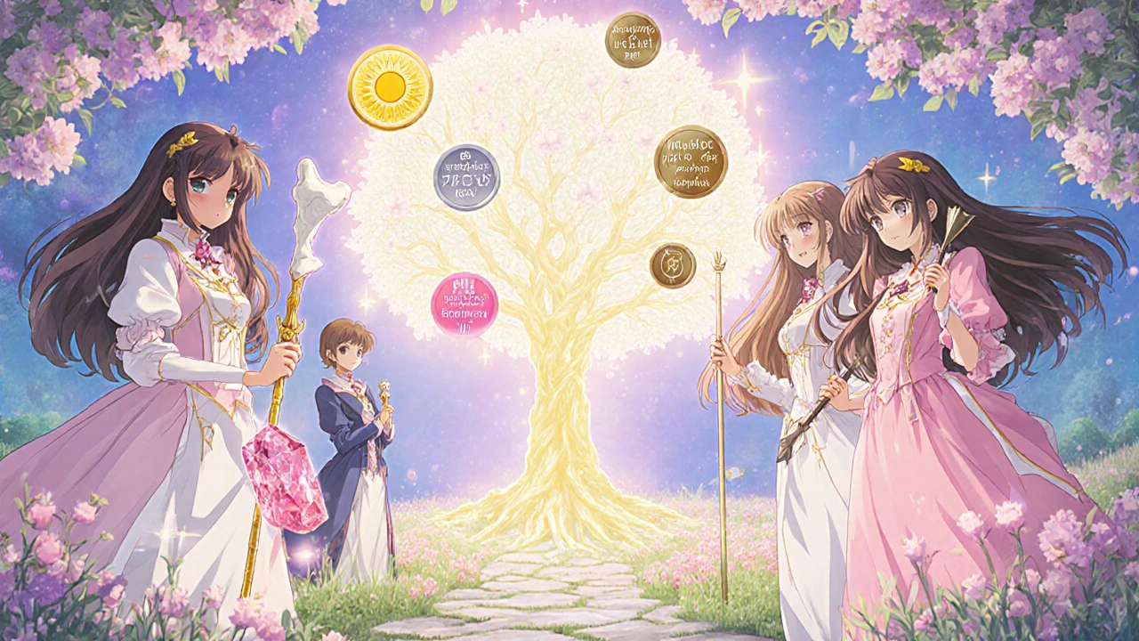 Five magical characters representing breast cancer drugs stand in a garden with symbolic artifacts.