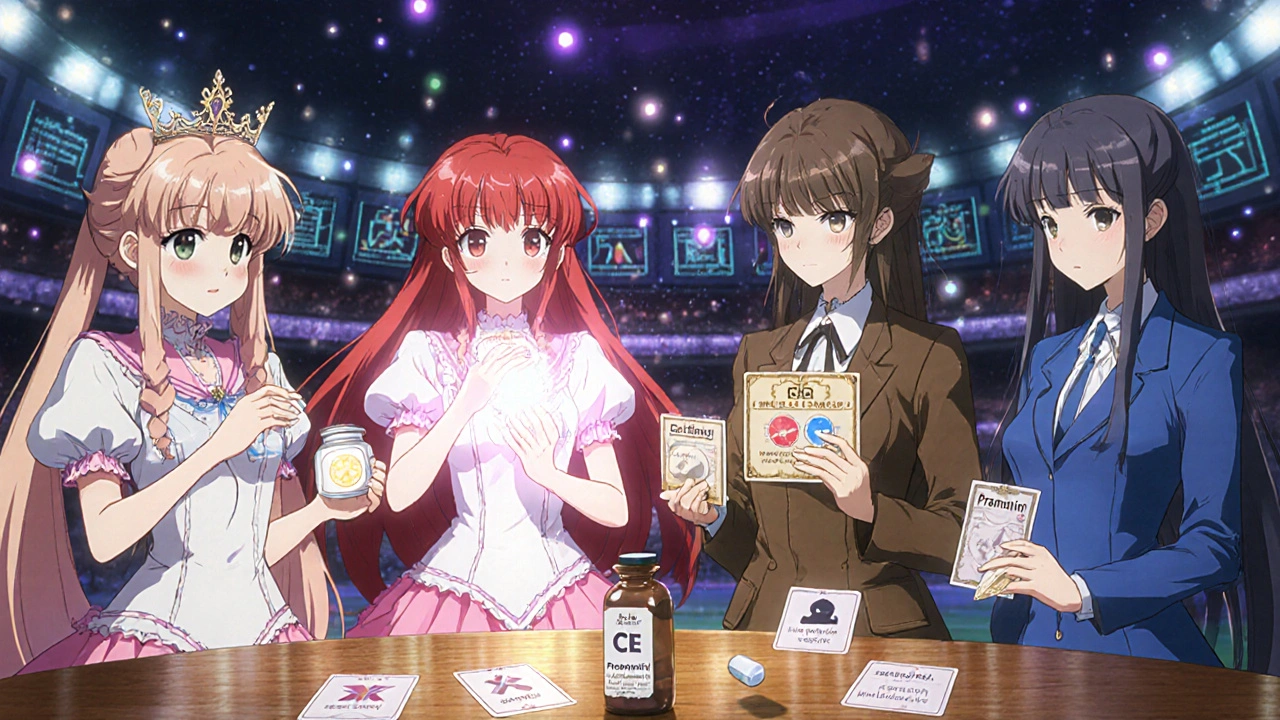 Four magical girls symbolize Estriol, Estradiol, CEE, and Ethinyl Estradiol with distinct colors and items.