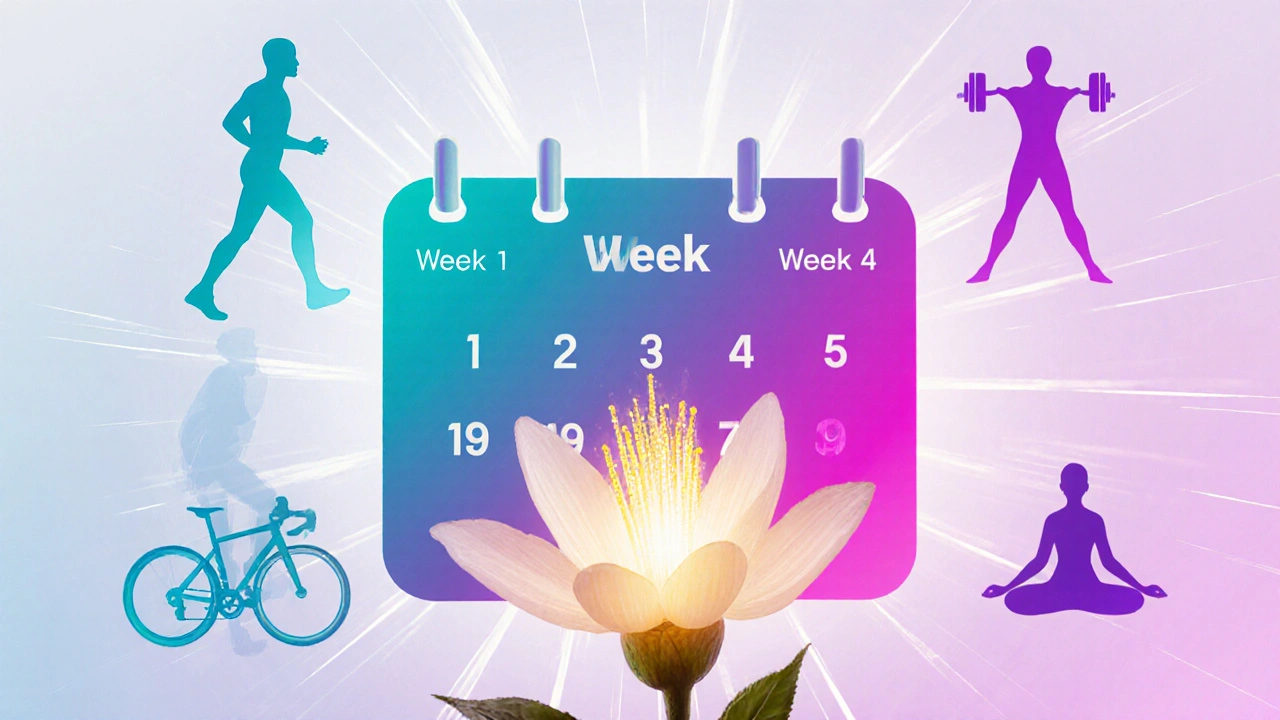 Four‑week exercise calendar surrounded by activity silhouettes and a thriving hair follicle.