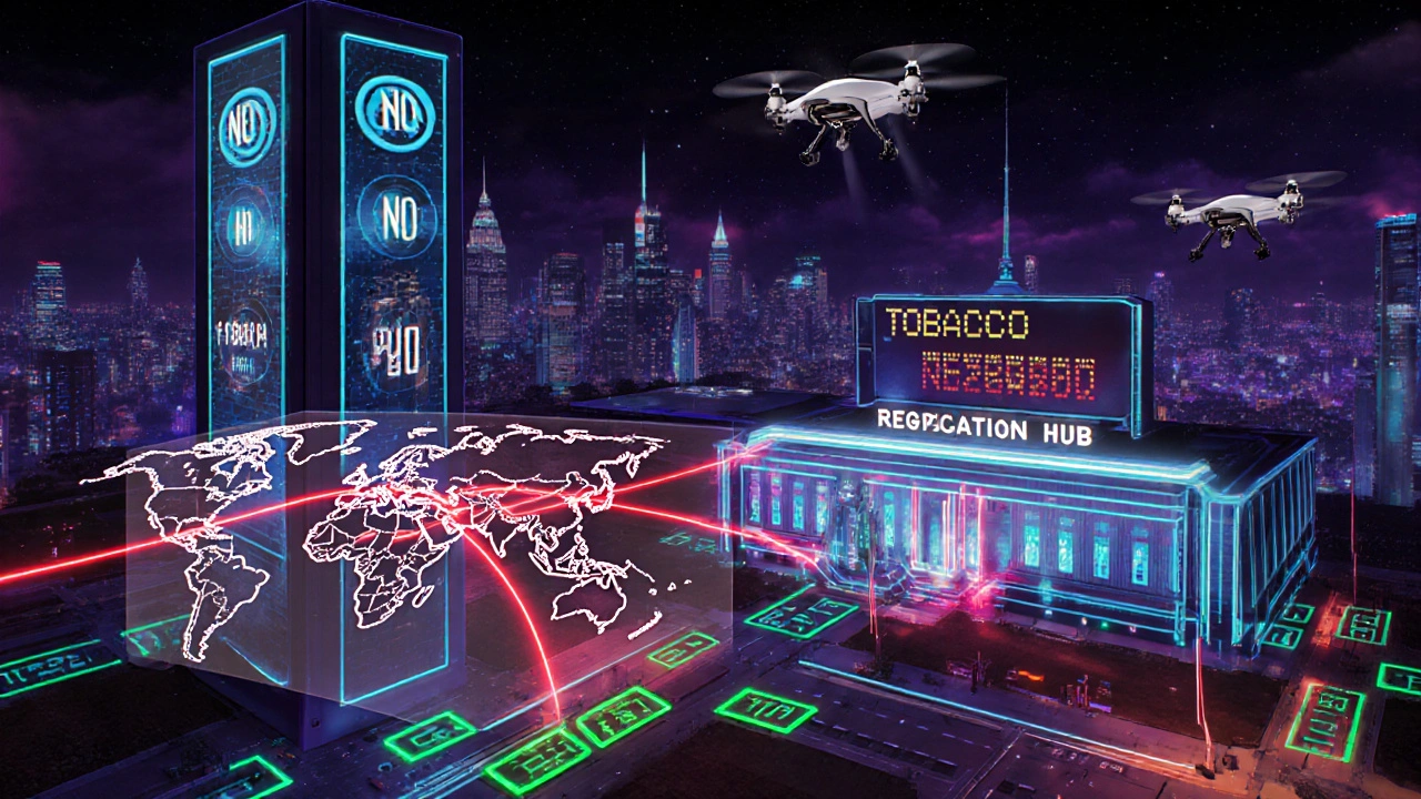 Futuristic scene of AI tracking illicit tobacco trade and smoke‑free urban environments.