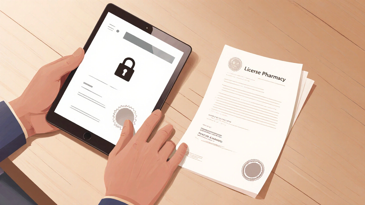 Hands reviewing a tablet showing a lock icon and blurred certification badge.