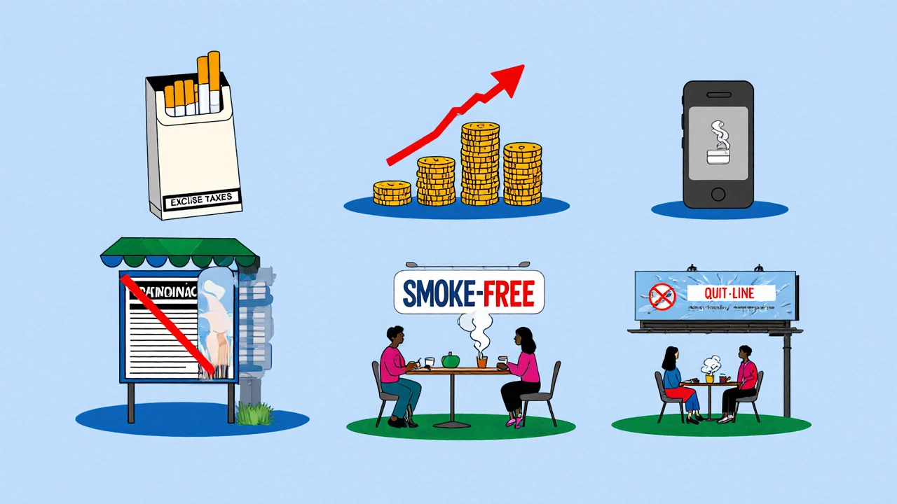 Illustration of tax, plain packaging, warning labels, ad bans, and smoke‑free indoor/outdoor areas.