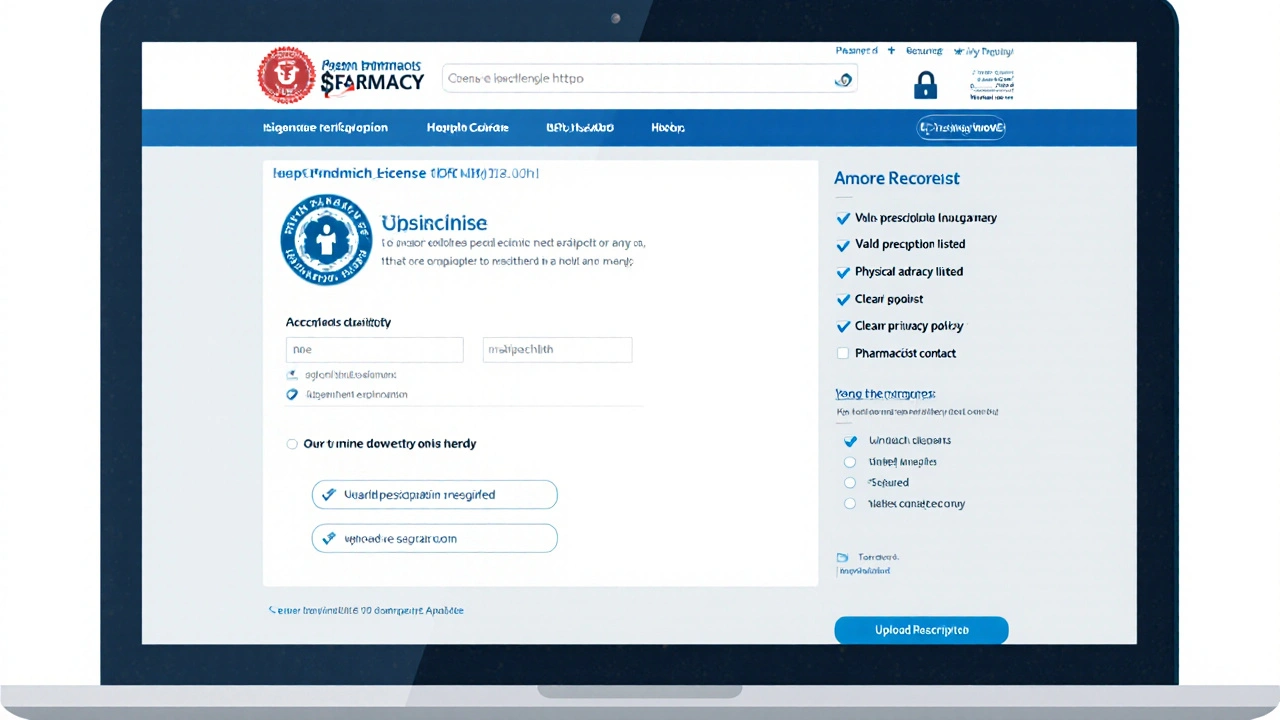 Laptop screen showing accredited pharmacy checklist with licence numbers and secure icons.