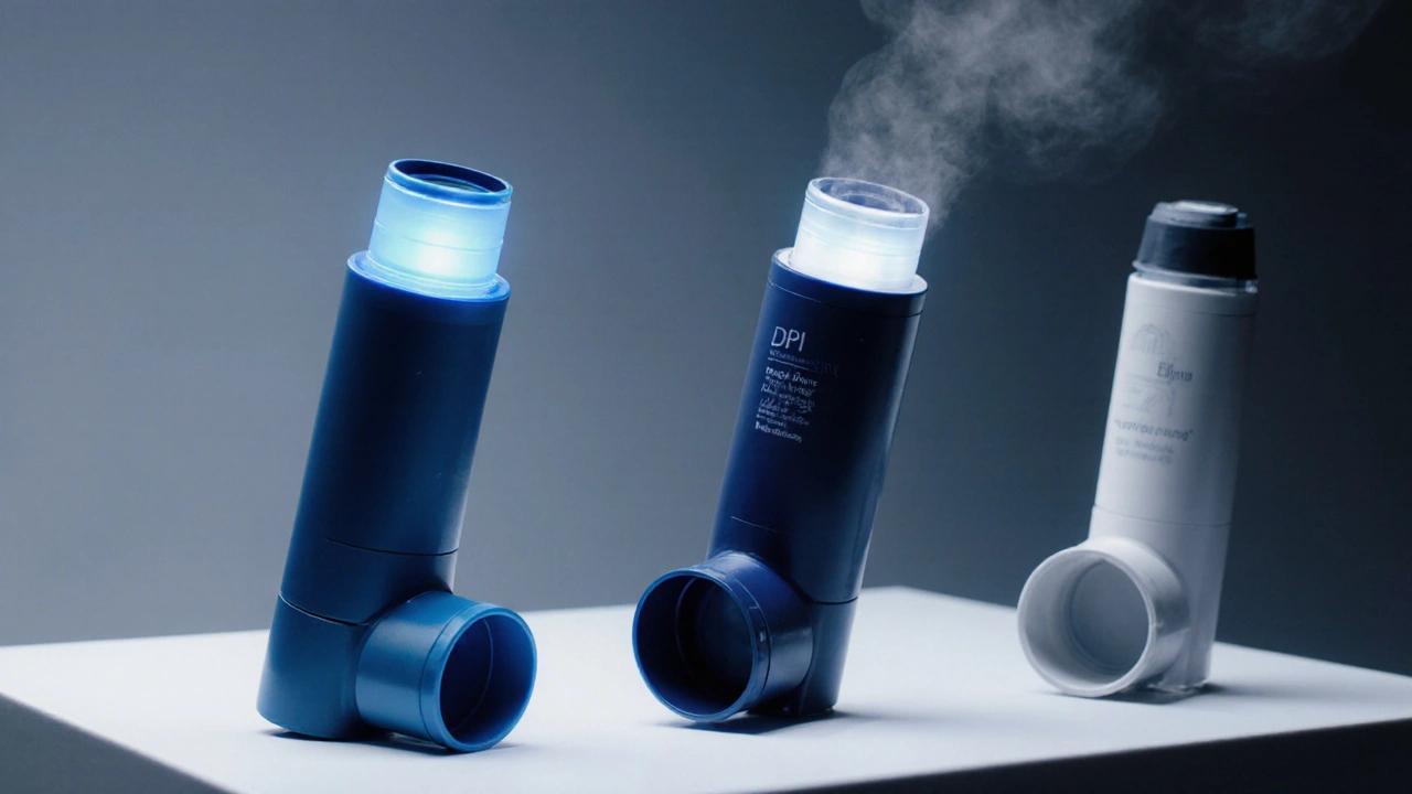 Macro view of three inhalers (MDI, DPI, Ellipta) with mist from the MDI.