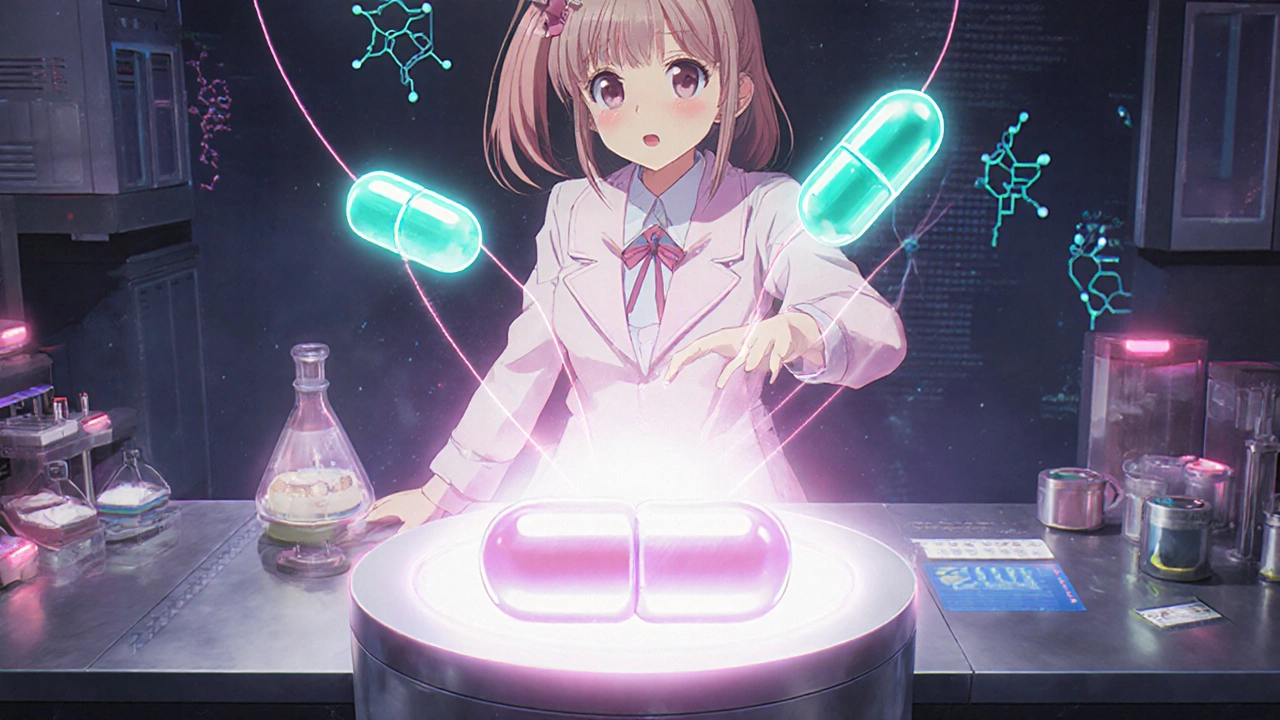 Magical girl combines three glowing capsules into one shining tablet.