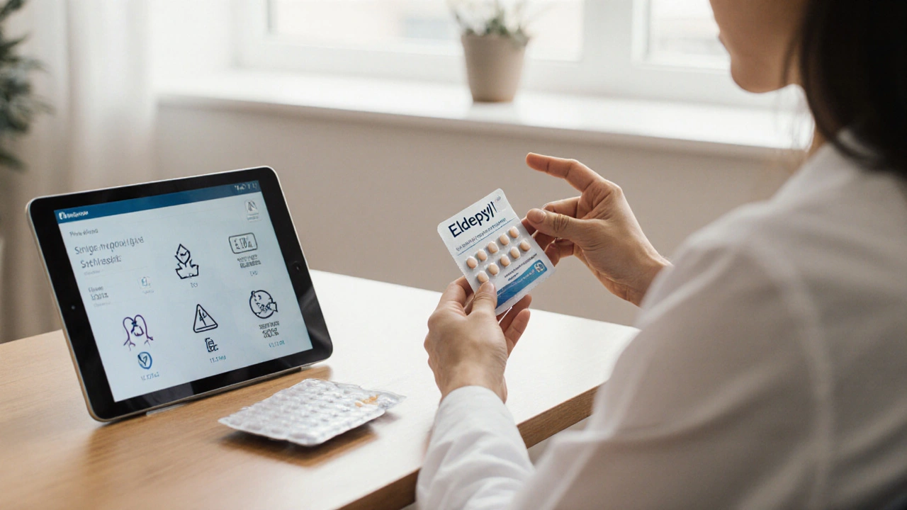 Patient discussing medication options with doctor, holding a blister pack of Eldepryl in a clinic.
