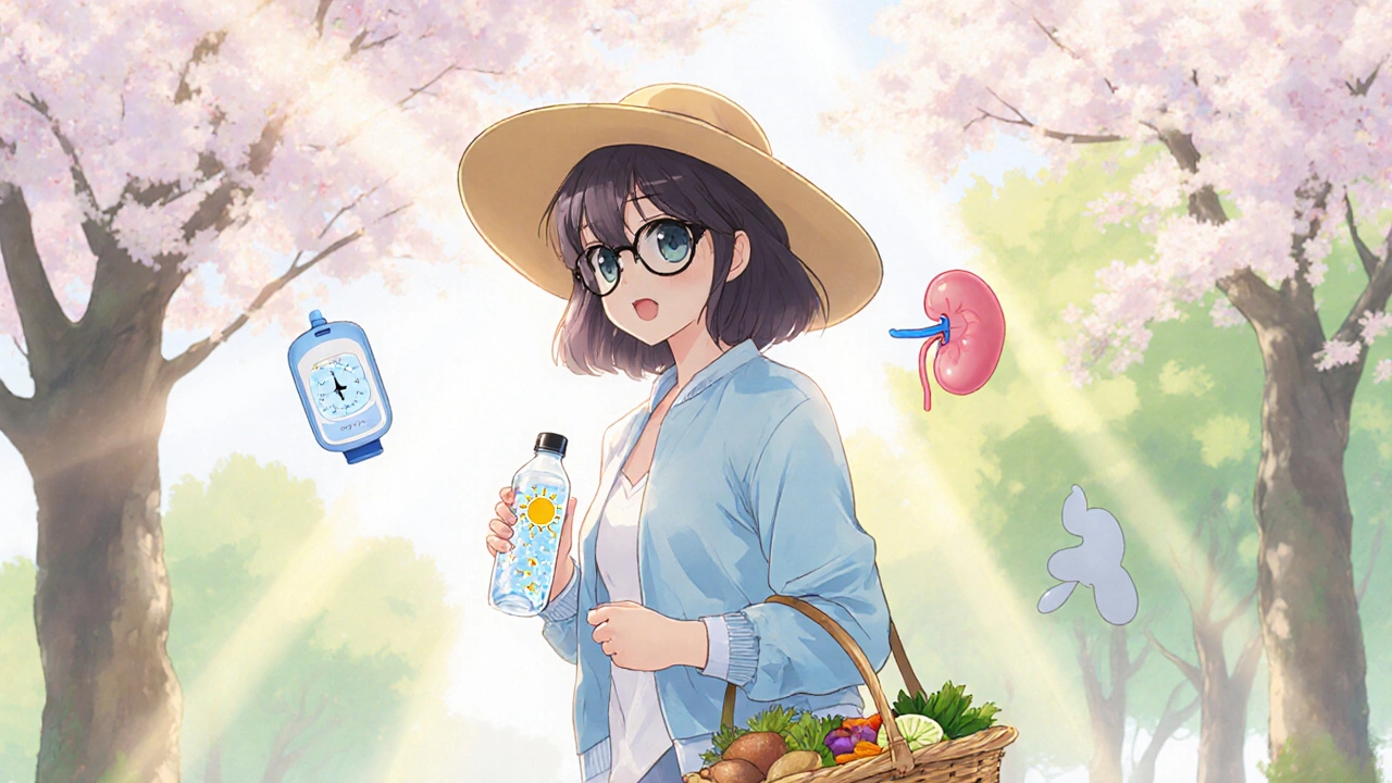 Patient walking in a park wearing sunscreen, hat, and carrying water bottle.