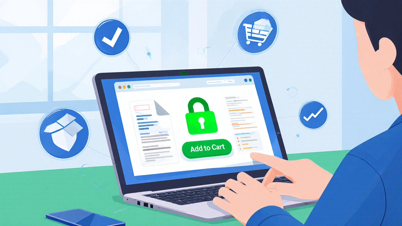 Person uploading a prescription on a laptop with a secure lock icon nearby.