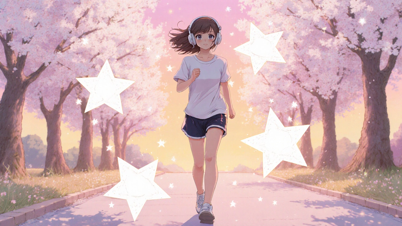 Person walking under cherry blossoms with sparkling Buspirone stars representing calm.