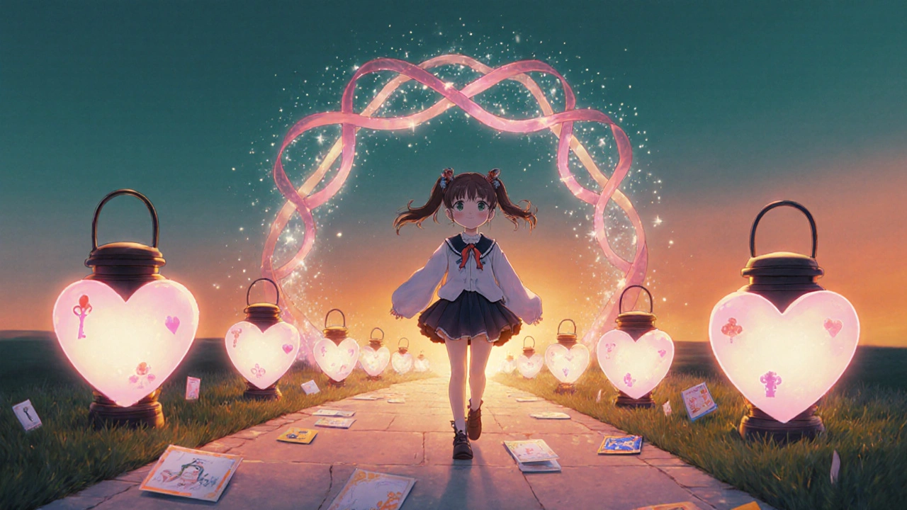 Protagonist walks forward through a sunrise-lit path of glowing heart key icons, representing confidence.