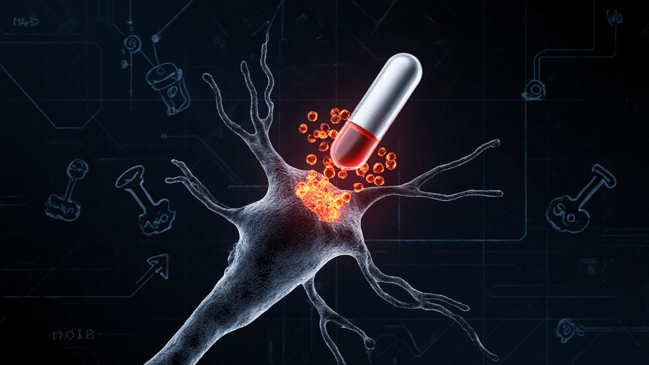 Scientific illustration of Selegiline blocking MAO‑B, causing dopamine to accumulate in a neuron.