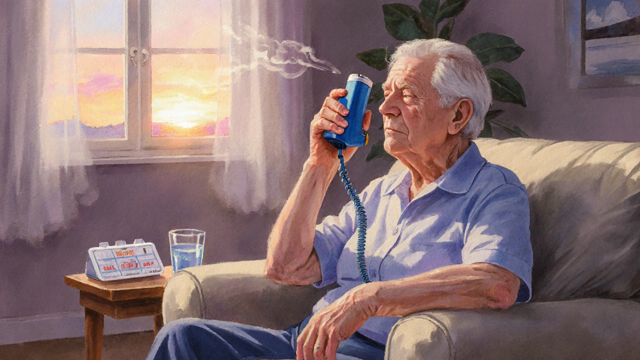 Senior using a spacer with an inhaler on a couch, following proper technique.