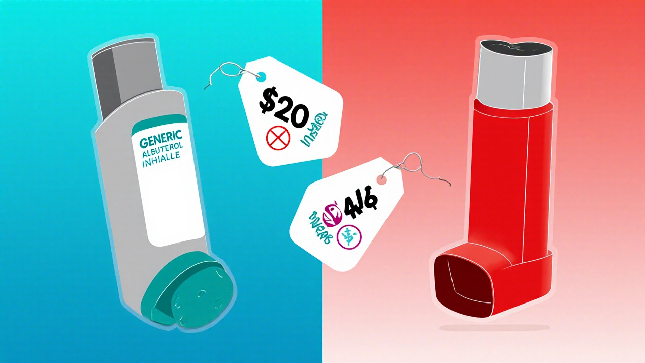 Side‑by‑side illustration of generic and brand albuterol inhalers with price tags.