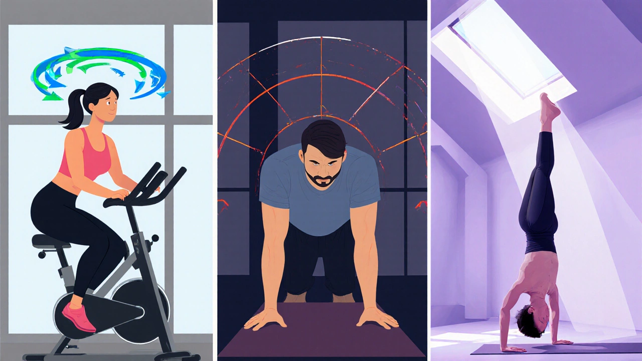 Three panels showing bike cardio, bodyweight strength, and yoga headstand benefits for hair health.