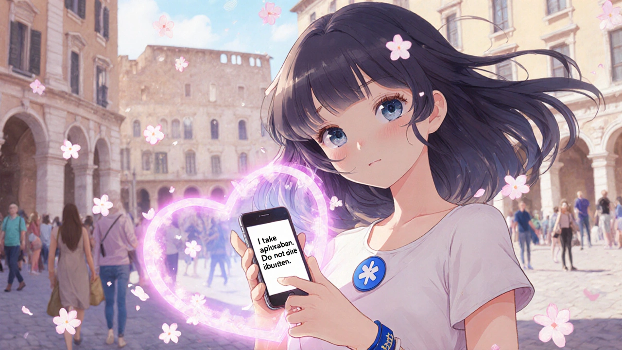 Traveler in Rome with medical alert bracelet and translation app