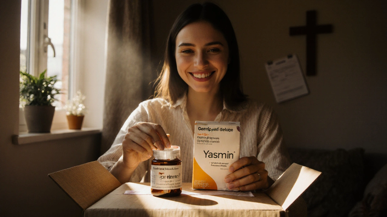 Woman opening a package of generic Yasmin, inspecting the sealed bottle with a relieved smile.