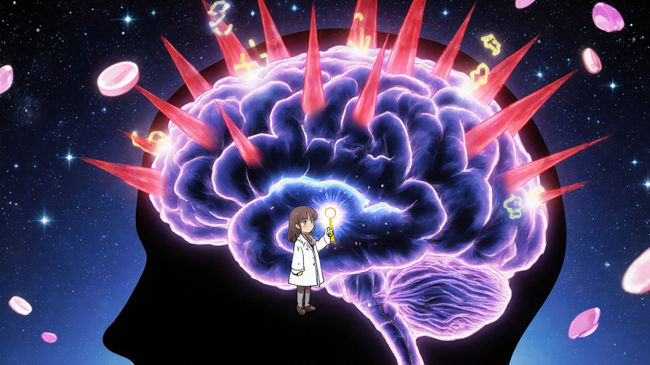 A brain&#039;s neural landscape calms as glowing neurotransmitters rebalance, with a tablet acting as a magical key to inner peace.