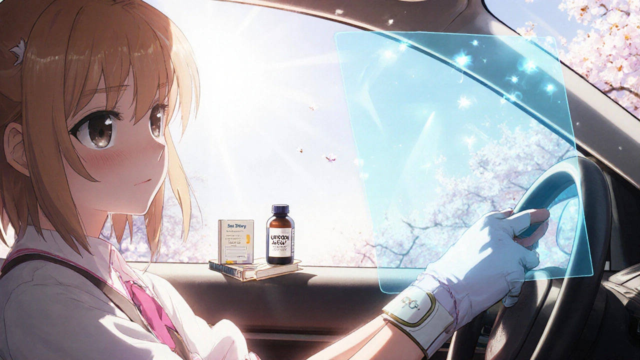 A car window with glowing UV-blocking film, driver wearing protective glove, sun diary on seat.