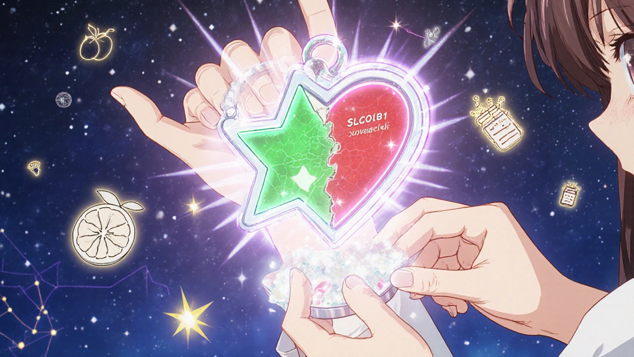 A glowing gene charm on an arm cracks under risk, as a doctor places a pravastatin pill into a heart locket with floating medical symbols.