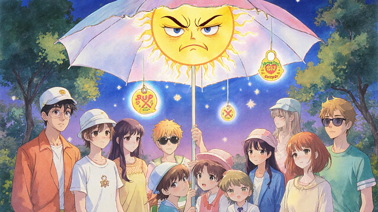 A group in UPF clothing stands under a protective umbrella as magical charms restrain a frowning sun.